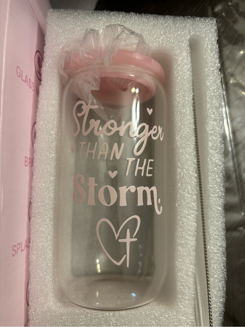 Pink "Stronger Than The Storm" Glass Cup with Lid 16 oz new